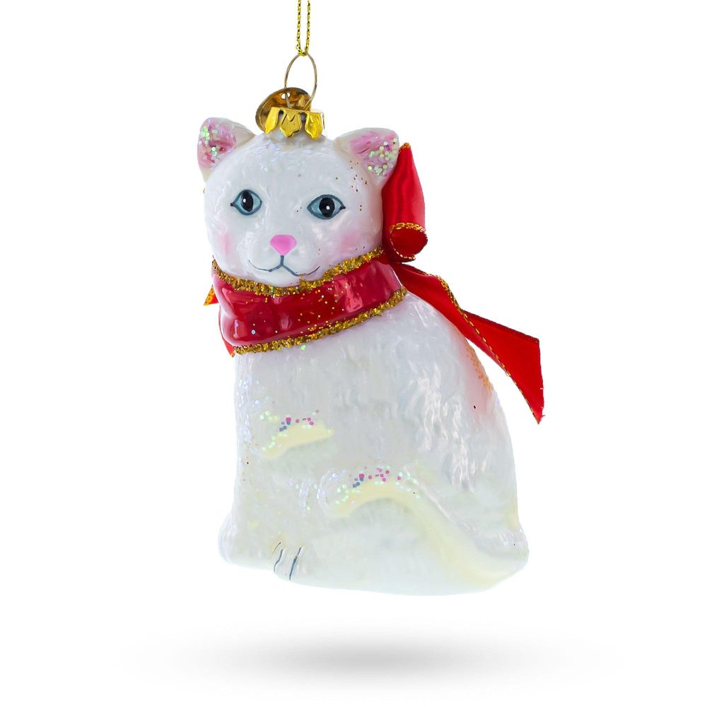 White Persian Cat Blown Glass Christmas Ornament  |   Animals Animals Animals