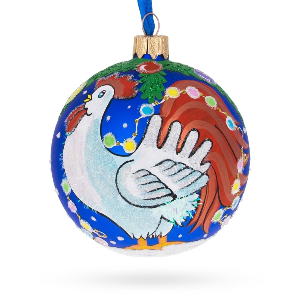 White Rooster Adorned With Holiday Lights Blown Glass Ball Christmas Ornament 3.25 Inches  |   Animals Animals Animals