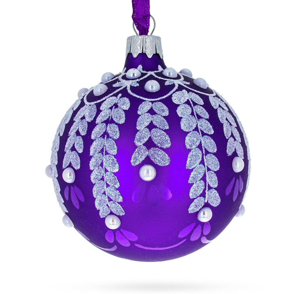 White Vines Entwined On A Lavender Dreamscape Blown Glass Ball Christmas Ornament 3.25 Inches  |   Couturier Couturier Couturier