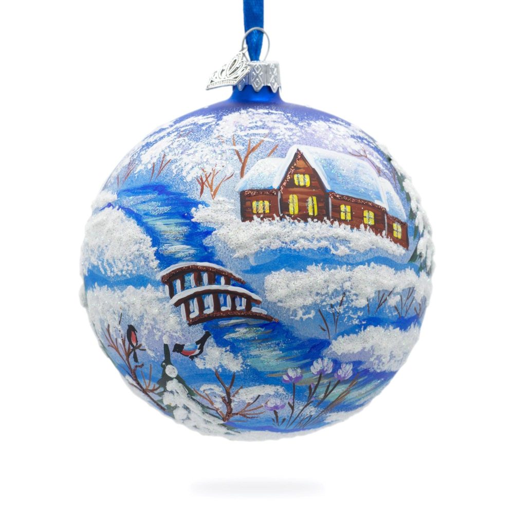 Winter Village By The River Glass Ball Christmas Ornament 4 Inches  |   Personalized Ornaments Personalized