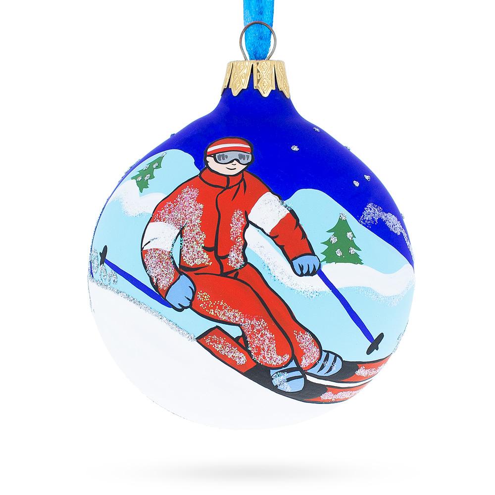 Winter Wonderland Skiing Blue Blown Glass Ball Christmas Ornament 3.25 Inches  |   Personalized Ornaments Personalized