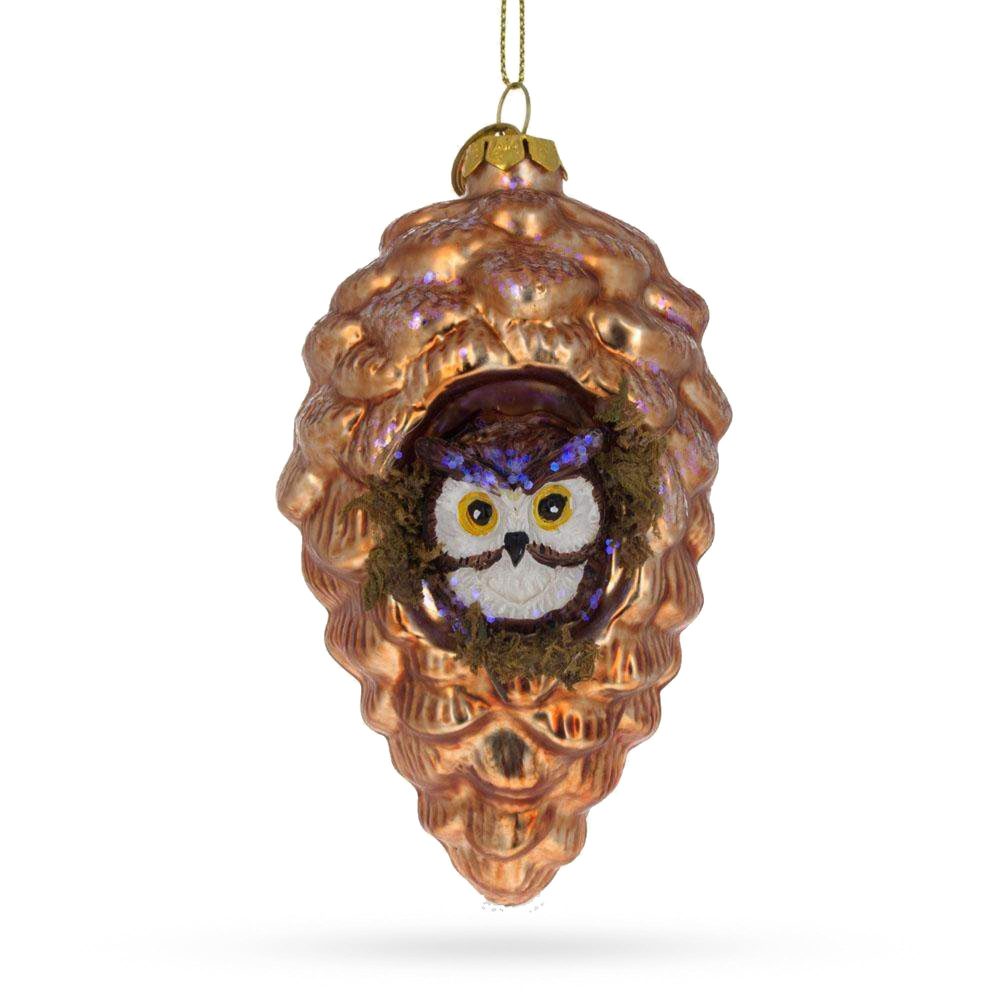 Wise Owl Nestled In Pine Cone Blown Glass Christmas Ornament  |   Animals Animals Animals