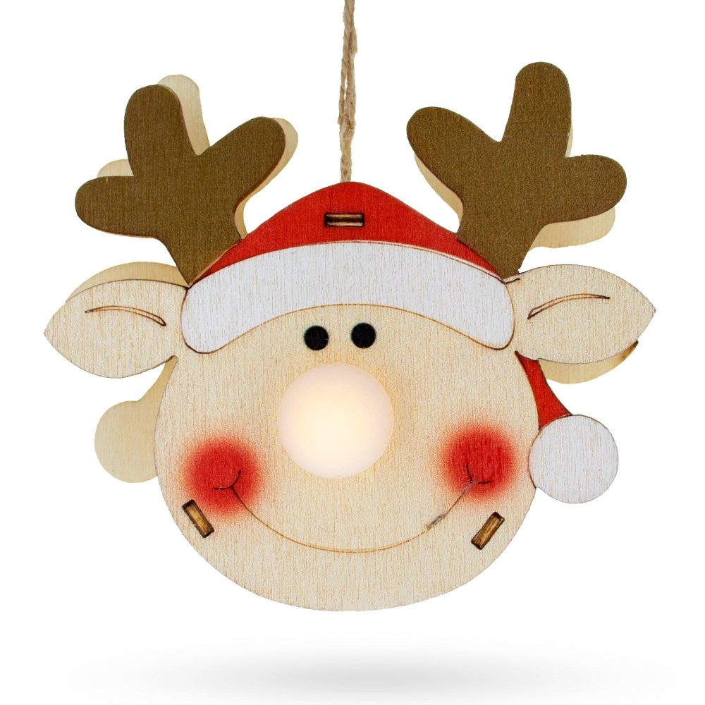 Wooden Reindeer Christmas Ornament With Light Up Nose Cutout  |   Unfinished Ornaments Ornaments Unfinished Ornaments