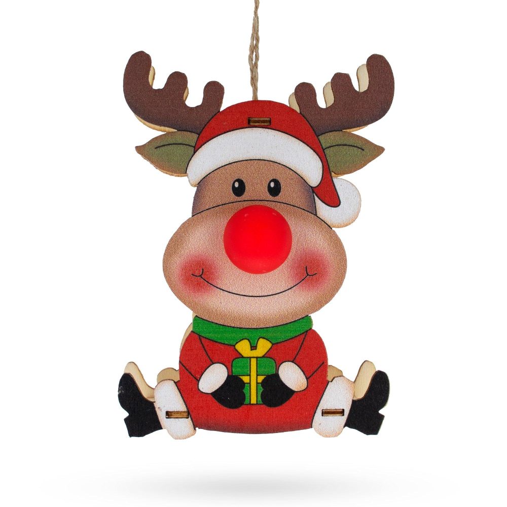 Wooden Reindeer With Present Christmas Ornament With Light Up Nose Cutout  |   Unfinished Ornaments Ornaments Unfinished Ornaments