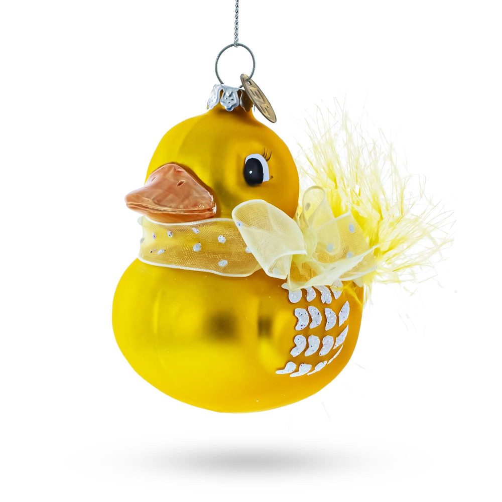 Yellow Duck Adorned With Fabric Bow Glass Christmas Ornament  |   Baby Baby Baby