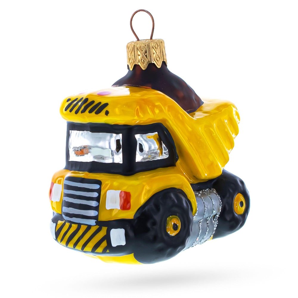 Yellow Dump Truck Mini Glass Christmas Ornament  |   Transportation Ornaments Transportation