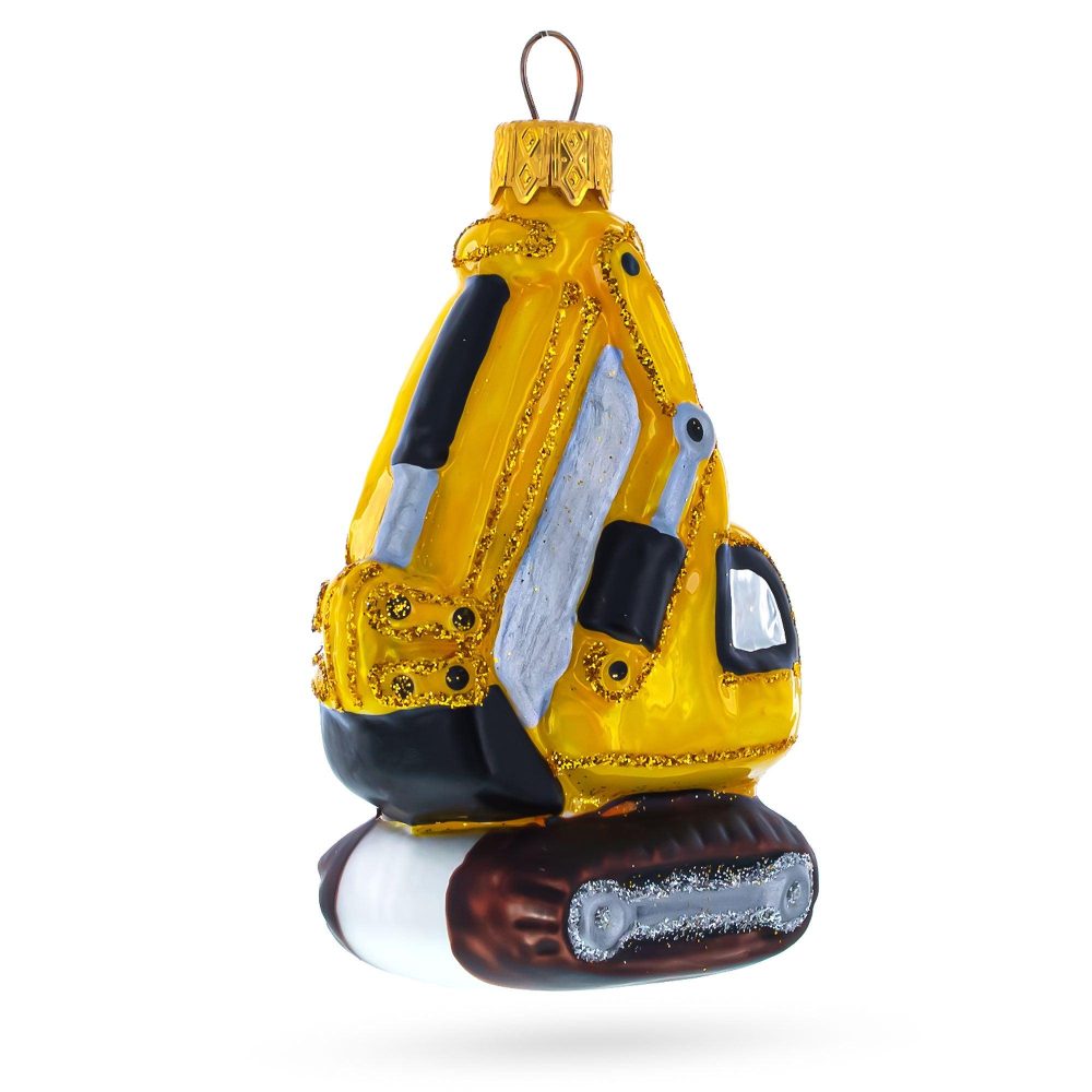 Yellow Excavator Mini Glass Christmas Ornament  |   Transportation Ornaments Transportation