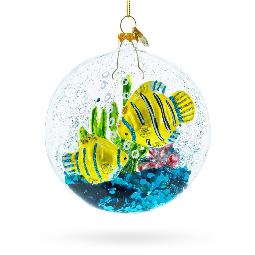 Yellow Fishes Inside Fish Tank Glass Christmas Ornament  |   Animals Animals Animals