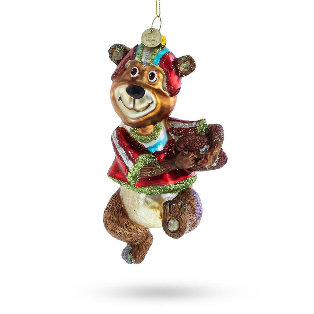 Bear Engaged In Football Blown Glass Christmas Ornament  |   Personalized Ornaments Personalized