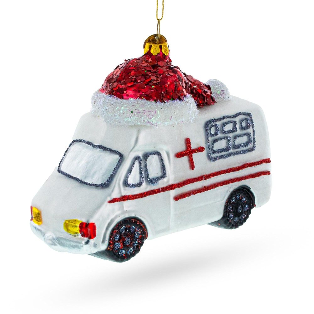 Festive Ambulance In A Santa Hat Glass Christmas Ornament  |   Personalized Ornaments Personalized