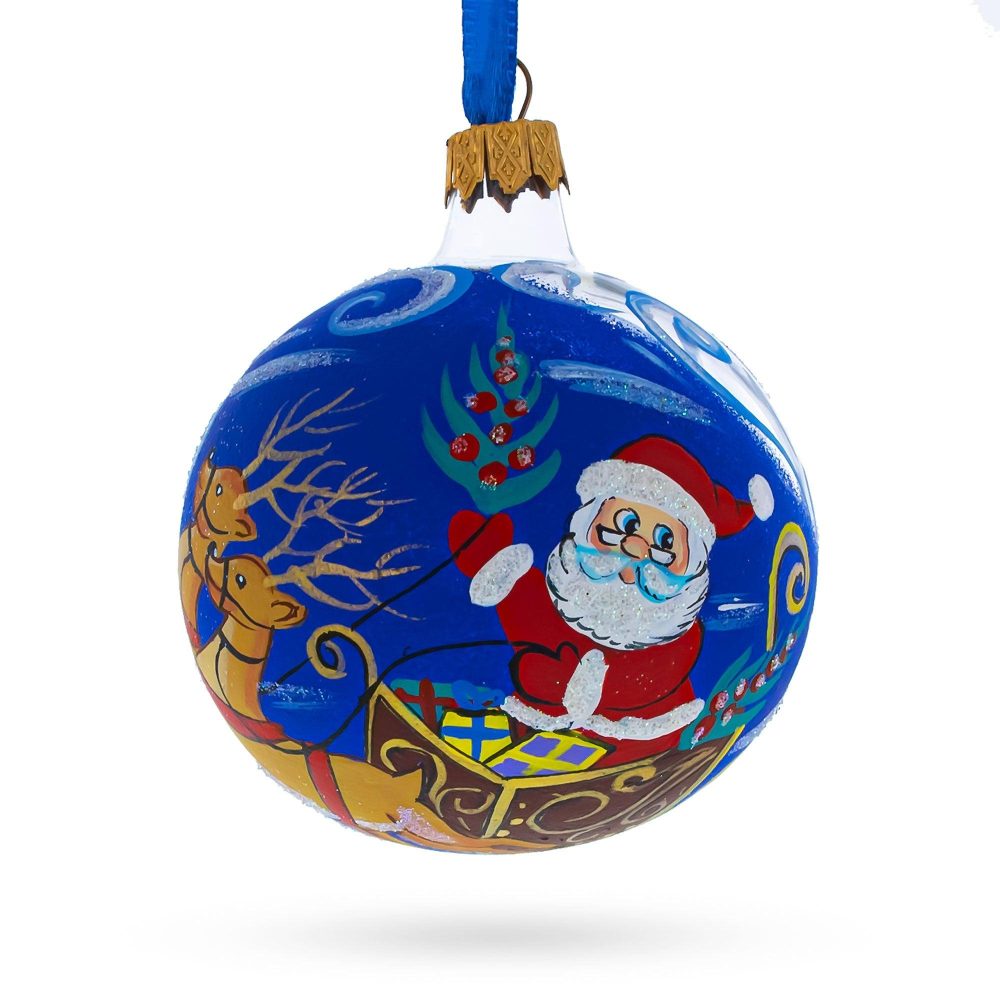 Jolly Santa Riding Sleigh With Reindeer Blown Glass Ball Christmas Ornament 3.25 Inches  |   Personalized Ornaments Personalized