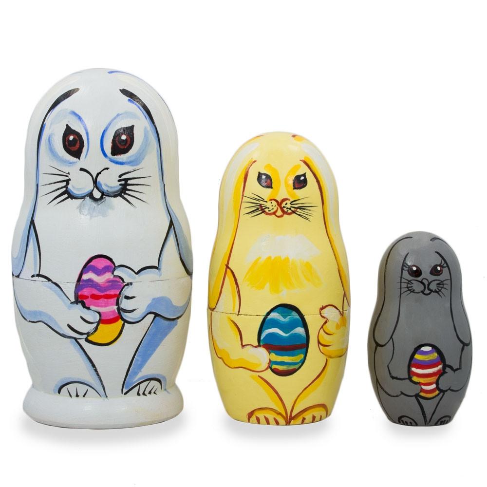 Set Of 3 Bunnies With Easter Eggs Wooden Nesting Dolls 4.25 Inches  |   Personalized Ornaments Personalized