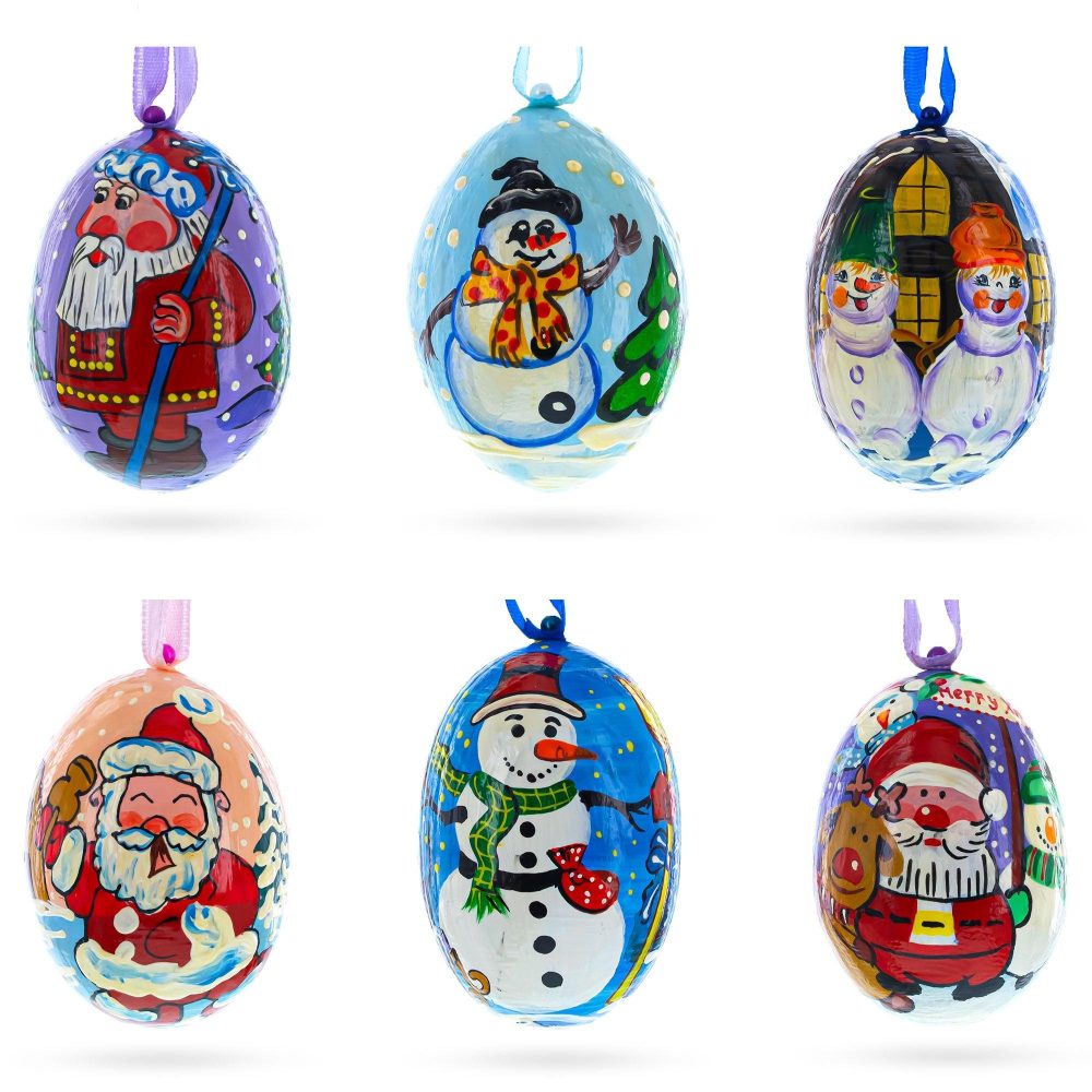 Set Of 6 Santa And Snowmen Wooden Christmas Ornaments 3 Inches  |   Santa Ornaments Santa