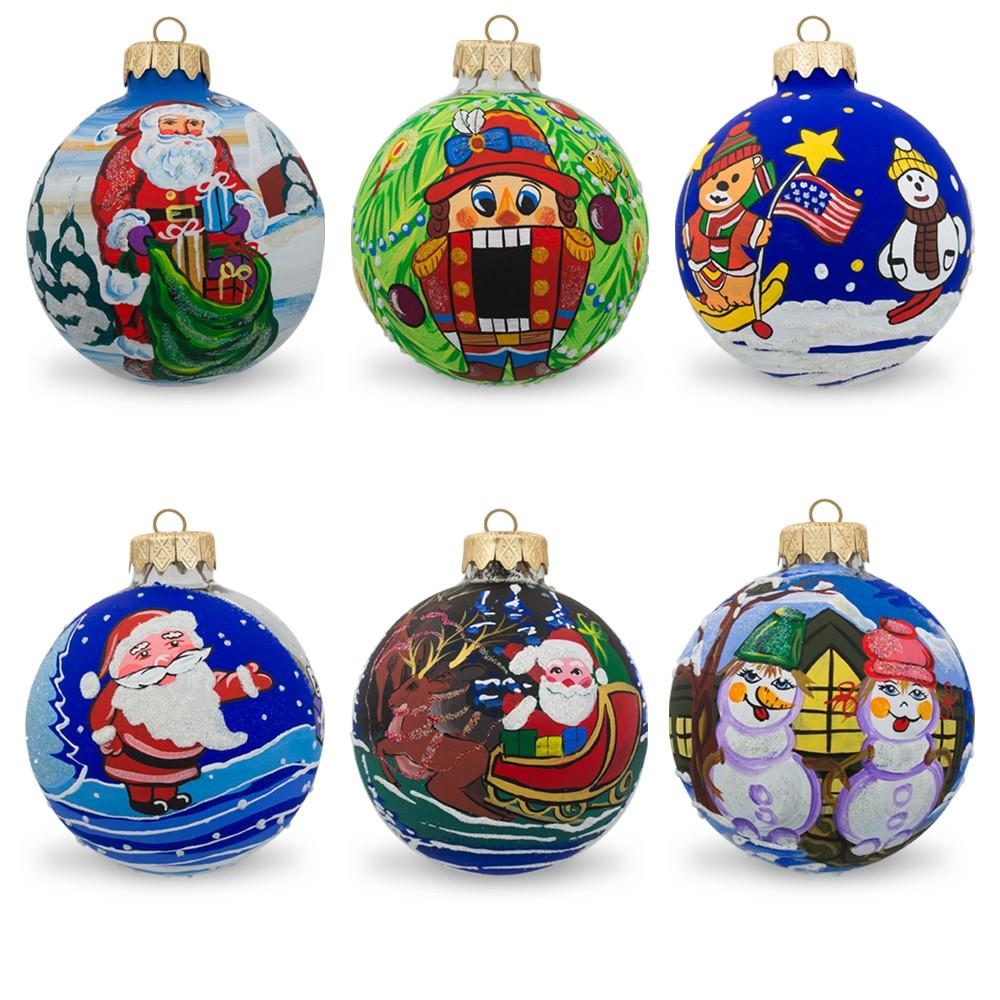 Set Of 6 Snowman, Bear, Santa, Nutcracker Glass Ball Christmas Ornaments  |   Santa Ornaments Santa