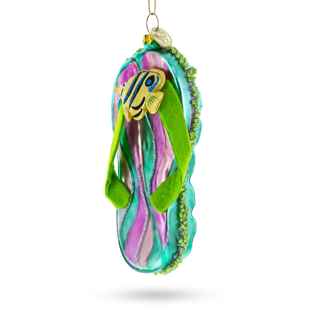 Tropical Turquoise Flip Flops With Fish Design Blown Glass Christmas Ornament  |   Personalized Ornaments Personalized