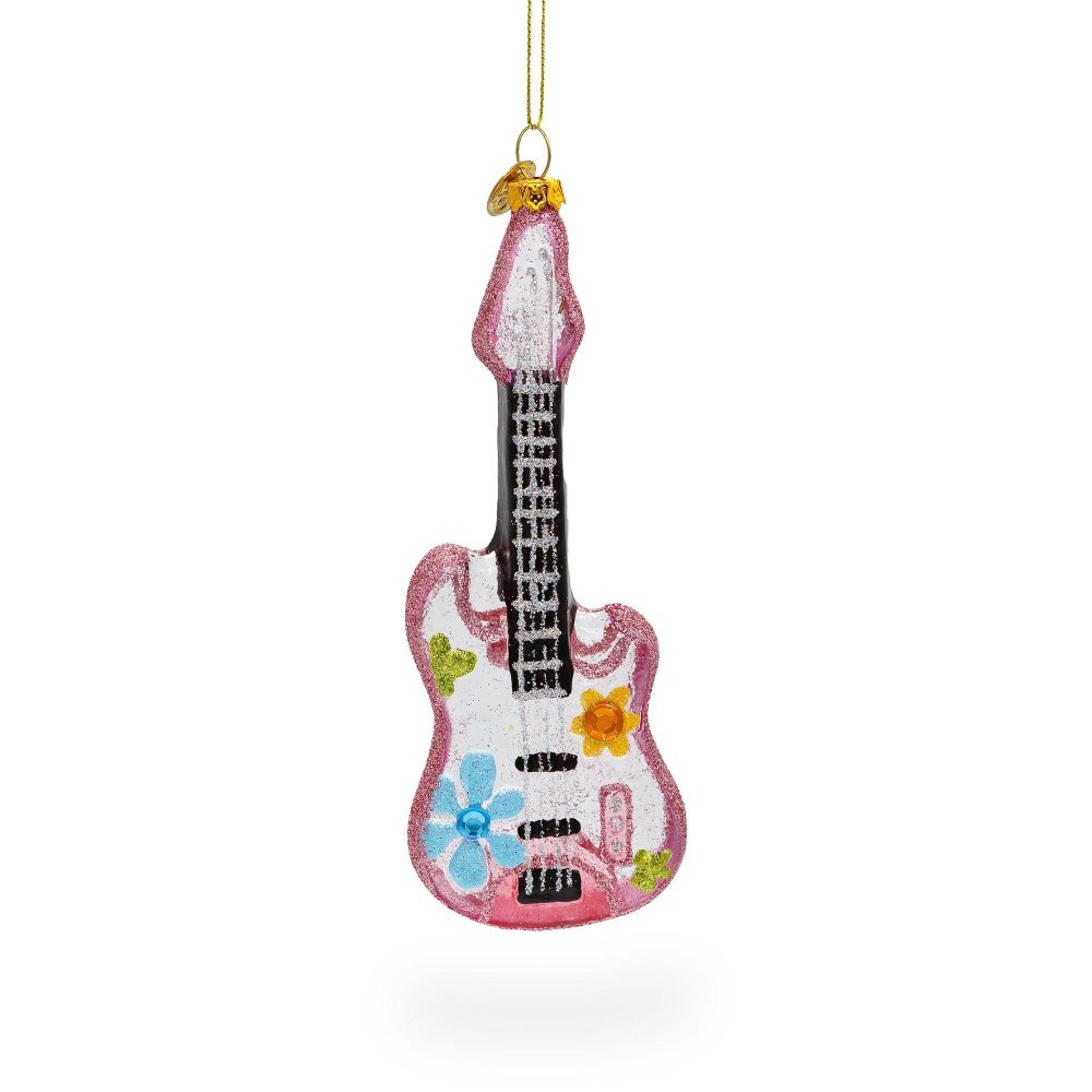 Blossom-Adorned Guitar Blown Glass Christmas Ornament  |   Music Music Music