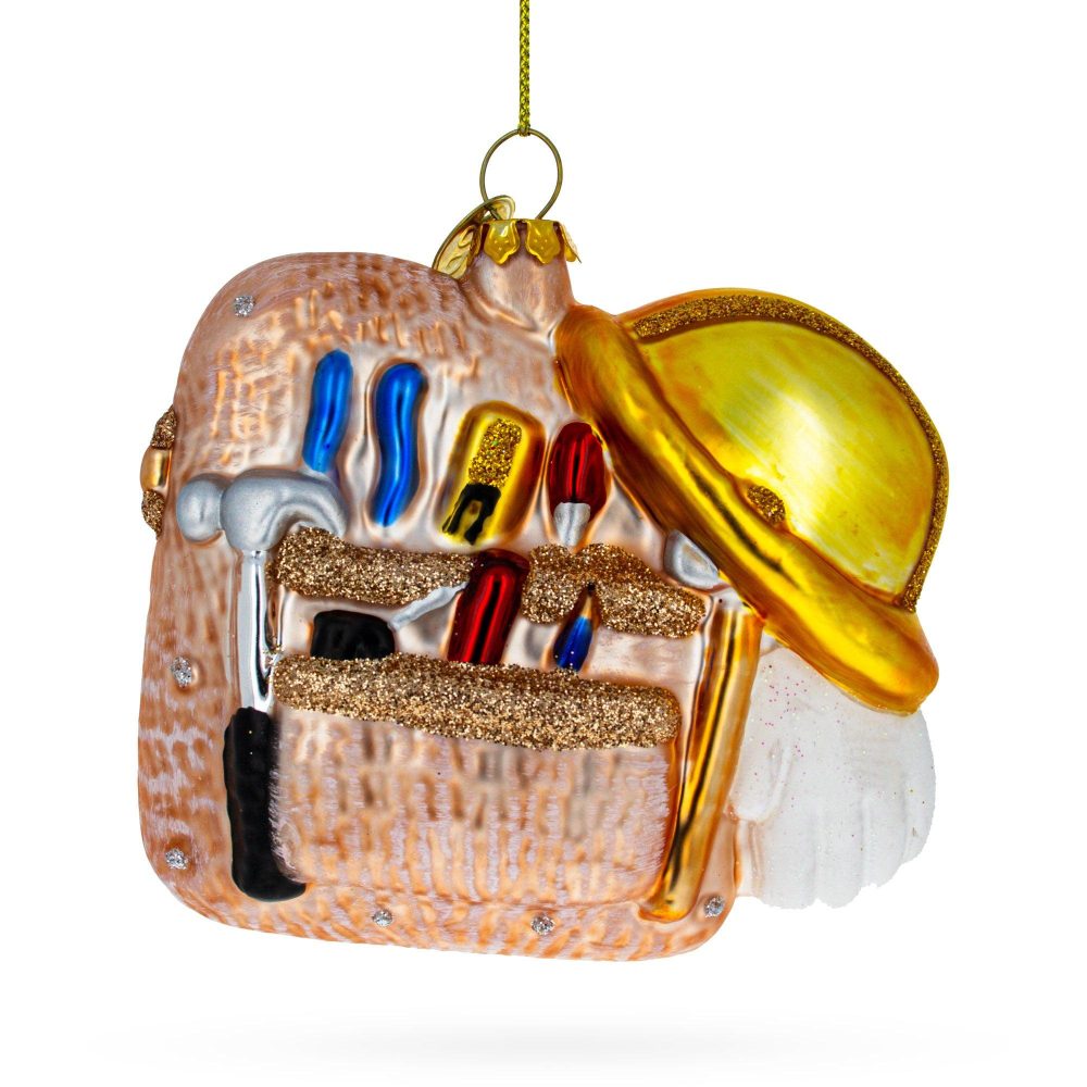 Construction Worker Toolbox Blown Glass Christmas Ornament  |   Occupations Occupations Occupations