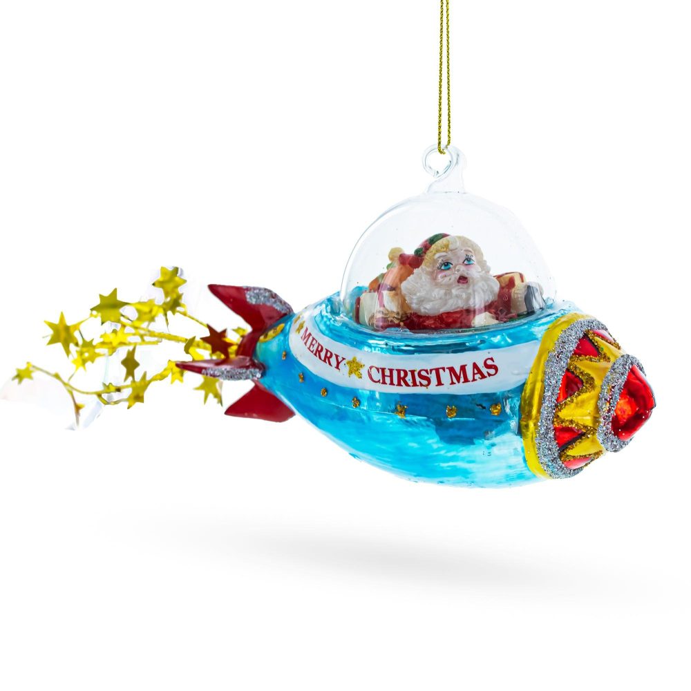 Cosmic Santa Riding Spaceship Blown Glass Christmas Ornament  |   Personalized Ornaments Personalized