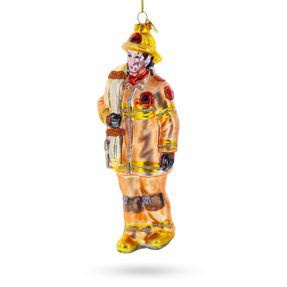 Heroic Fireman With Hose Blown Glass Christmas Ornament  |   Occupations Occupations Occupations