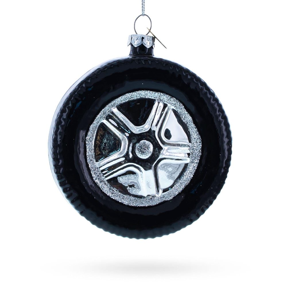 Sleek Black Car Wheel Blown Glass Christmas Ornament  |   Occupations Occupations Occupations