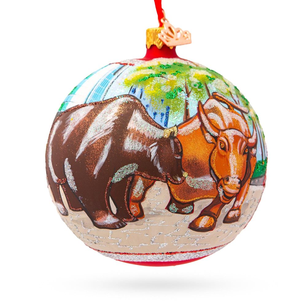 Bear And Bull On Wall Street Blown Glass Ball Christmas Ornament 4 Inches  |   Hobby Hobby Hobby