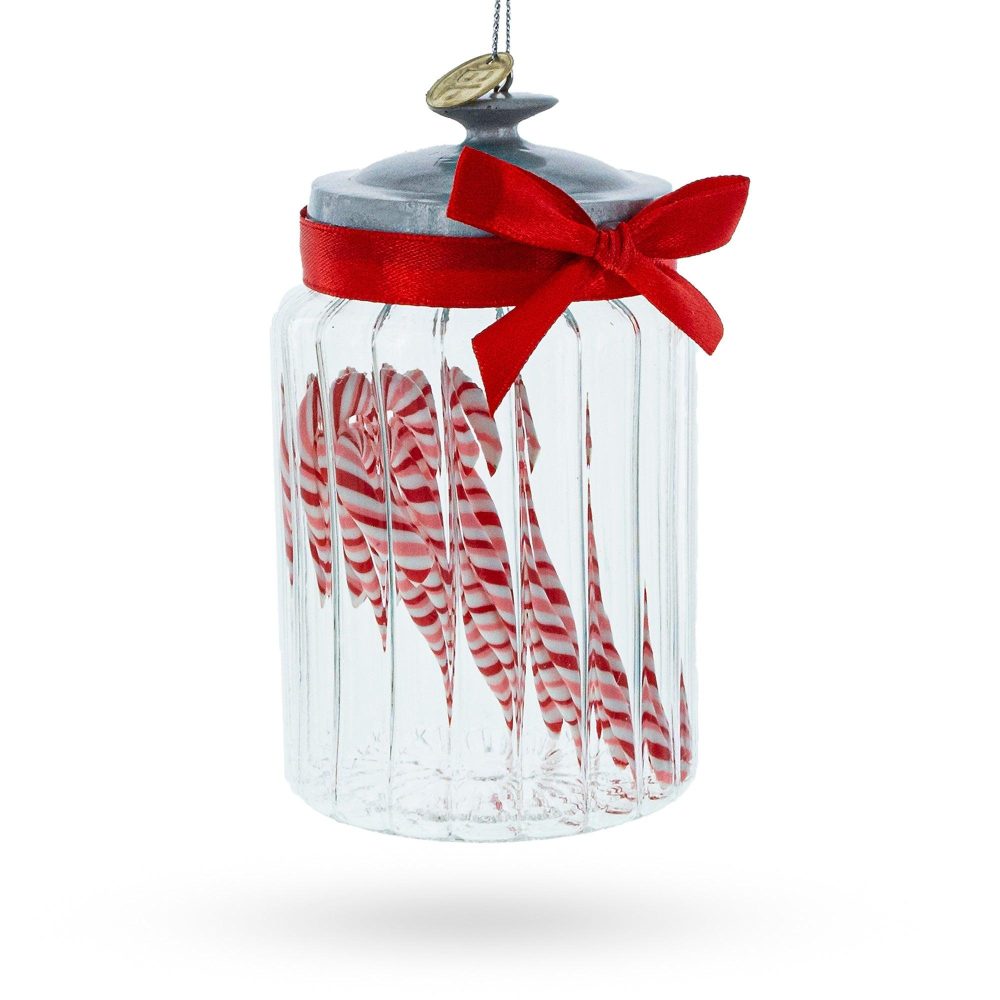 Festive Candy Cane Jar Blown Glass Christmas Ornament  |   Food