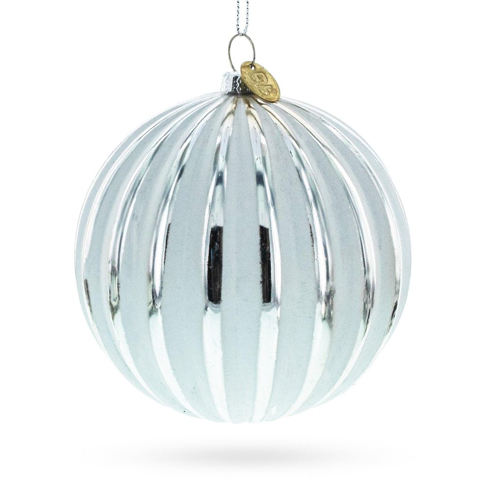 Gleaming Silver Ribbed Blown Glass Christmas Ornament  |   Geometrical Geometrical Geometrical