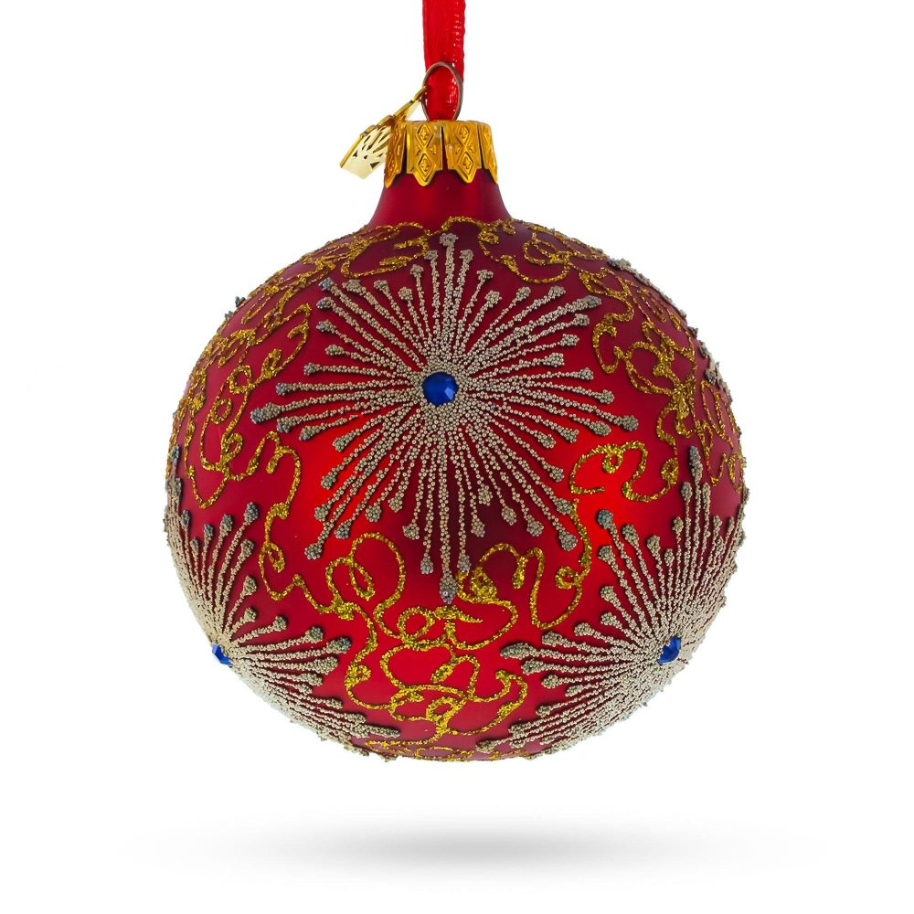 Radiant Jeweled Snowflake On Red Blown Glass Christmas Ornament 3.25 Inches  |   Geometrical Geometrical Geometrical